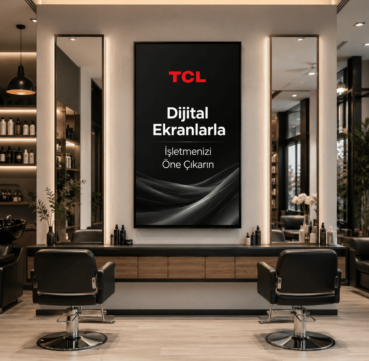 Kuaför salonunda VizyonX TCL dijital ekran